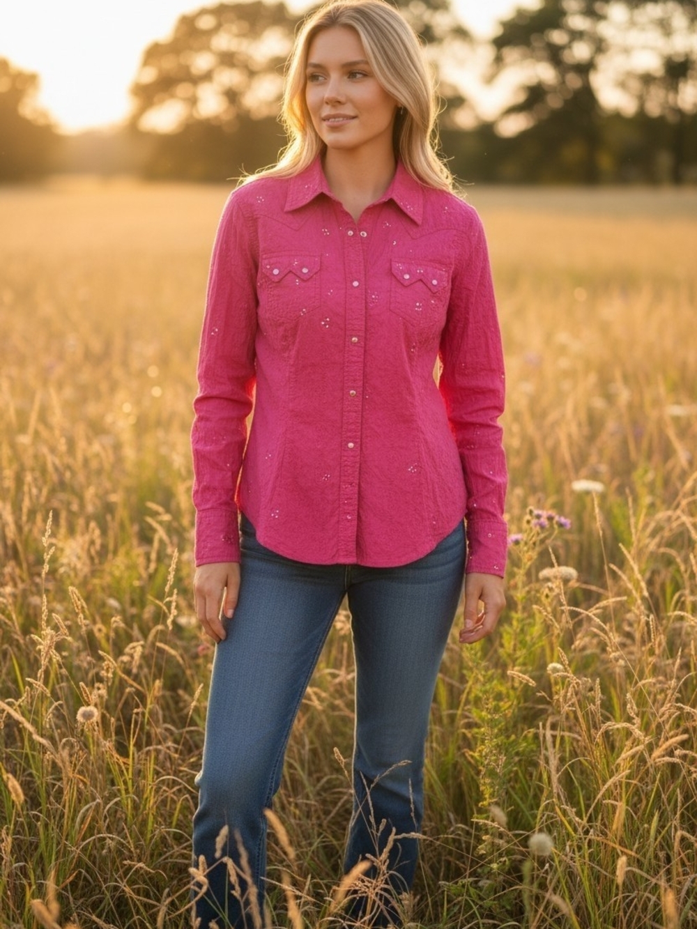 Ariat Hot Pink Western Pearl Snap Shirt Sz M